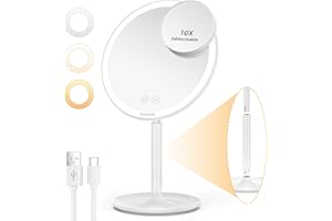 Auxmir Miroir Maquillage Lumineux, avec Mini Grossissant x10 Amovible, 3 Modes Lumière Réglables, Miroir Cosmétique à Bijoux sur Pied, USB Rechargeable, Miroir de Table Tactile