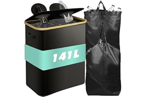 YADOBIG 141L Pfandflaschen Sammelbehälter mit Deckel, Pfandflaschen Behälter mit Loch mit 2 Fächer und 2 Tragetasche, Groß Faltbar Leergut Sammelbehälter zum Sortieren von Leergut, Altglas, Dosen, Schwarz