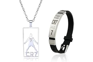 WQEDVN 2 PCS Football Stuff, Stuff for Boys, Cr7 Football Star Bracelet, Use for the Best Gift for Boys Who Love Football(Silver Bracelet + Necklace)