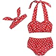 Baby Girl Bikini,Kids Toddler Polka Dot Swimsuits Halter Swimwear Bikinis Set with Headband (Red, 6-12M)