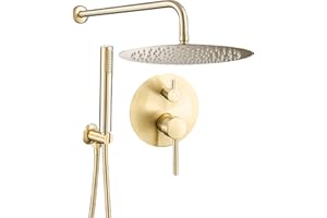 VALAZ Ducha Empotrada Dorado Cepillado Protección PVD | Ducha Monomando 2 Vías, Rociador Efecto Lluvia | Instalación en Pared Fácil y Rápida | Inoxidable, Redonda, Rociador 25 cm, Serie Jucar