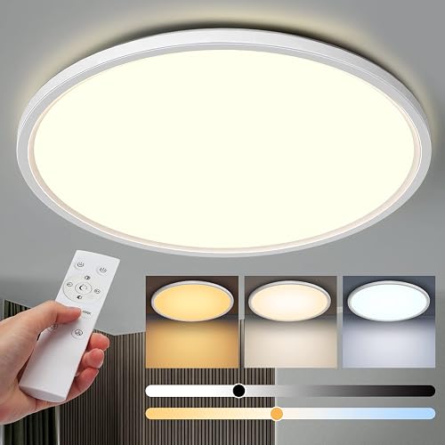 Aisutha LED Ceiling Light, 24 W 2800 LM Ceiling Light Flat Dimmable with Remote Control, 3000 K - 6500 K, IP54 Ultra Thin Bedroom Lamp for Living Room, Children's Room, Kitchen, Bathroom