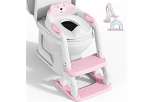 KYYOKE Asiento de inodoro para niños con escalera, accesorio de inodoro mejorado para niños y niñas, 2 en 1, entrenador de inodoro con escalera, altura ajustable, cómodo asiento de inodoro seguro (Rosa)
