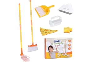 MASTERTOP Knder Children's Cleaning Set, 8-Piece Broom Set for Children with Broom Dustpan Hand Brush Mop, Brushes, Cloths, S Sponge, Rubber Scraper, Children's Broom Toy from 3 Years