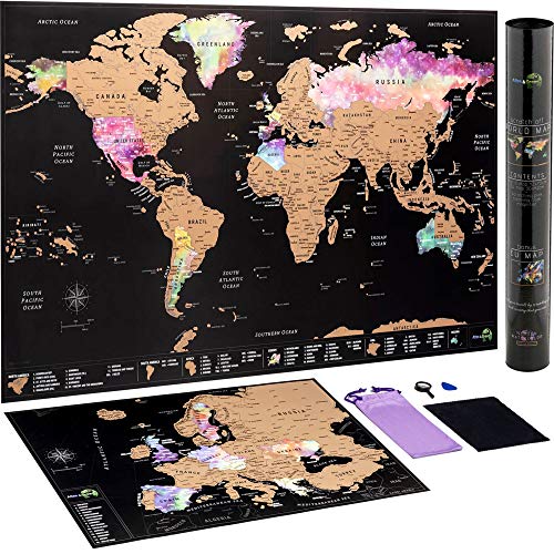 Mappa del mondo da grattare + Mappa dell'Europa - con kit di accessori e tubo regalo