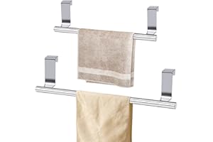 DIBALIYI 2 Pcs Stainless Steel Towel Holder, Over Door Towel Rail with Protective Strip, Towel Bar Holder, Silver Dish Towel Rack for Kitchen Bathroom Cupboards Drawer, 23.5cm and 36cm (1*Large+1Small)