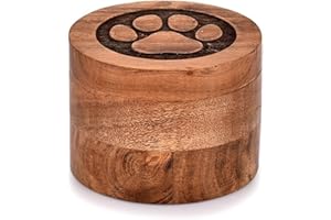 SWACRAFT Pet Memorial Urn for Dogs and Cats, Mango Wood Round Decorative Urn with Paws Design Wooden Urn Cremation Box 8.89 x 8.89 x 6.35 cm