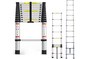 LUCN 3.2M Telescoping Ladder 10.5FT Metal Lightweight Folding Loft Extension Ladder with Locking Mechanism and Non-Slip Feet Multi-Purpose Collapsible Ladder 330lb Capacity