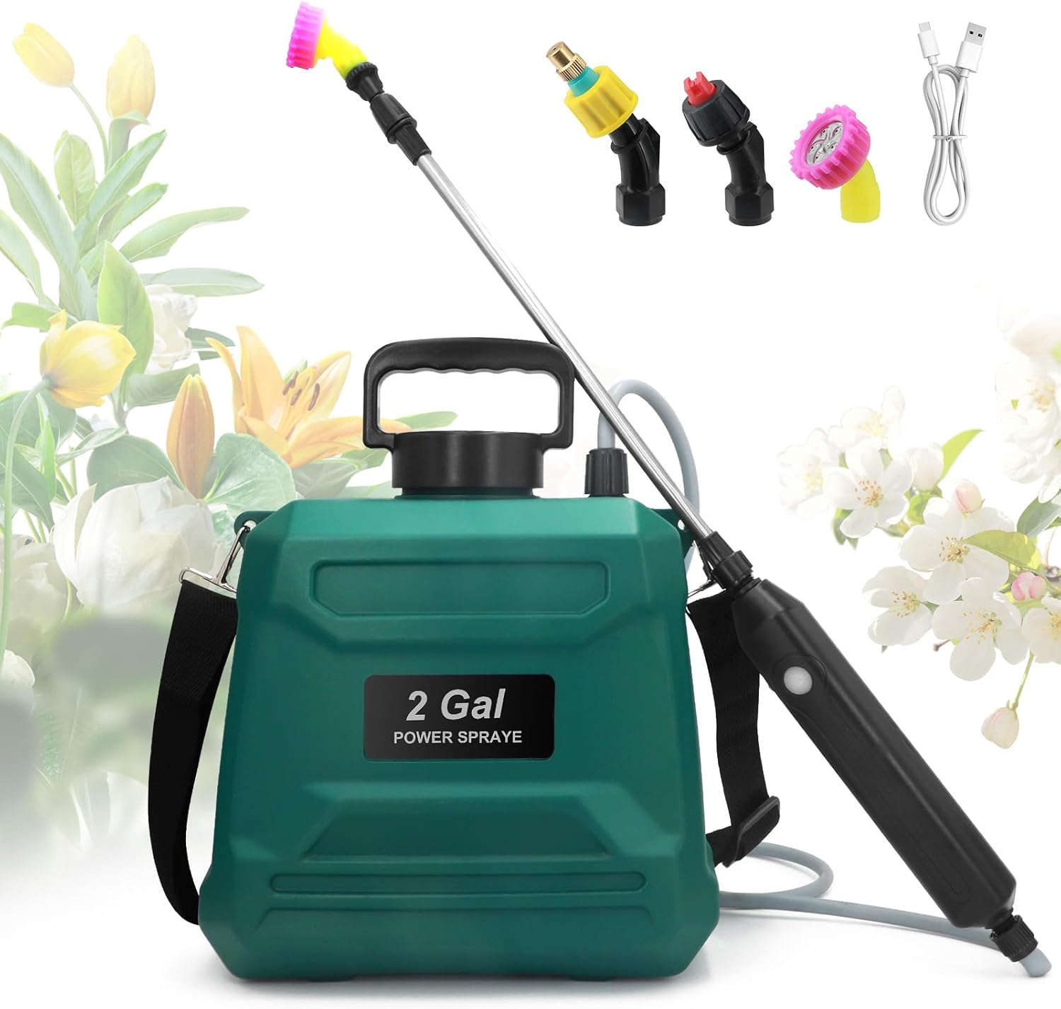 Pulverizador Eléctrico de Jardín 8 L a Batería, Recargable por USB con 3 Boquillas Ajustables, Lanza Telescópica y Correa Ajustable, Pulverizador de Presión para Riego, Plantas y Deshierbe