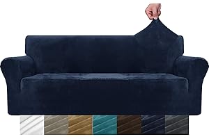MAXIJIN Thick Velvet Sofa Covers 3 Seater Super Stretch Non Slip Couch Cover for Dogs Cat Pet Friendly 1-Piece Elastic Furniture Protector Plush Sofa Slipcovers (3 Seater, Navy Blue)