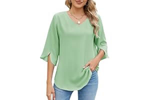 Zetieny Chemisier pour Femme Manches 3/4 Col V Blouse Top Elégant de Couleur Unie Décontracté Tunique Shirts