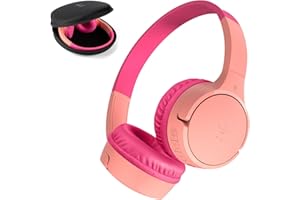 Bezprzewodowe słuchawki dla dzieci Belkin SoundForm Mini, wbudowany mikrofon, 30 h odtwarzania, z naklejkami – nauszne słuchawki do nauki zdalnej, szkoły, podróży, iPhone'a, iPada, Galaxy – różowe
