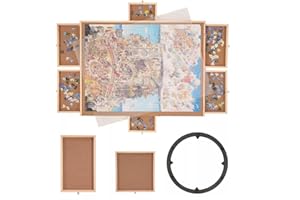 Blendra Wooden Jigsaw Puzzle Board, 1500 Pieces Puzzle Table With 6 Storages, Rotating Base, Dustproof Cover, Natural Wood, All Ages