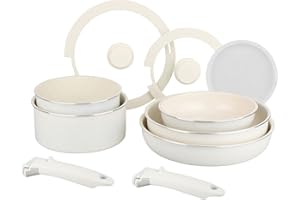 Sitram 716977 Batterie de cuisine 10 pcs en aluminium blanc – Revêtement céramique sain sans PFAS – 2 poêles Ø20/28, 2 casseroles Ø18/20, 1 sauteuse Ø26 + 3 couvercles – Tous feux dont induction