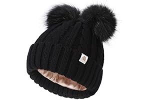 Creekstone Enfants Bonnet d'hiver Doublé de Satin Soie pour Cheveux, Bonnet Chaud Doubles Pompons pour Bébé, Chapeau Tricoté Beanie Garçon Fille