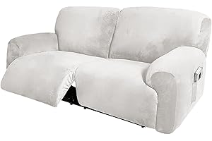 GEBIN Funda de Sofá Reclinable, Extra Ancho 190-254cm Fundas de Sofá Reclinables de 2 Plazas, Fundas de Sofá Reclinables Elásticas de Terciopelo de 6 Piezas con Bolsillo Lateral (Marfil)