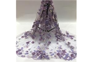 SHTGOI 1 yard 3D Fleurs Brodées Tulle Dentelle Tissu Broderie Tissu avec Quatre Trèfle Maille pour DIY Couture Vêtements Fait à la Main Robe de Mariée Décoration Maison 129,5 cm Large Violet