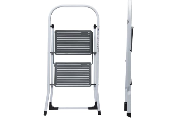 WERKA PRO Marchepied 2 Marches Pliable - Métal Peint - Garde-Corps Sécurisé - Capacité 150 kg - Compact et Robuste pour Bricolage - Stabilité Excellente