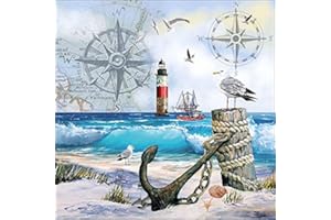 SERVIETTEN FRÜHLING 20 servilletas «Momentos en el mar» con diseños de ancla, gaviota, playa, estilo marítimo, 33 x 33 cm