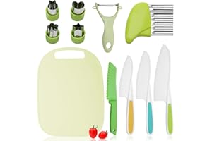 FL HUA Montessori Lot de 11 couteaux de cuisine, couteaux à découper en plastique pour fruits et légumes, pour apprendre à couper avec boîtes à pain, emporte-pièces, éplucheur, planche à découper,