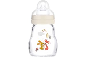 MAM Feel Good butelka dla niemowląt ze szkła (170 ml), butelka na mleko z szerokim otworem, stabilna butelka do picia dla niemowląt z przyssawką rozm. 1, od urodzenia, zając/lis