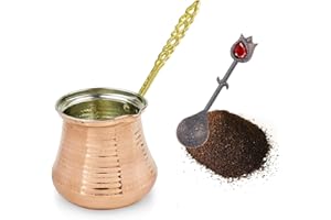 NOSY NOMAD Cafetera turca: cafetera de cobre Cezve para café turco Cafetera árabe Ibrik con placa | Olla de cobre martillado otomano hecha a mano & Cuchara Vintage | 10 porciones (700 ml)