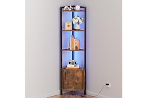 Furnulem Corner Shelf,5-Tier Corner Cabinet with Storage and LED Light, 62.8” Standing Display Bookshelf for Bedroom, Living Room, Kitchen, Wood Display Shelf (Rustic Brown)