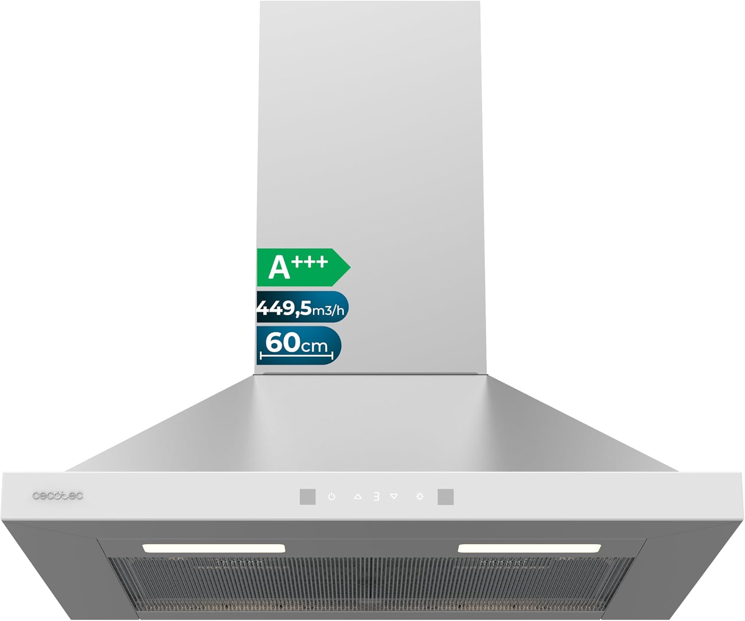 Cecotec Campana Extractora Piramidal 60 cm Bolero Flux PT 604400 Inox A+++. Cristal Frontal en Blanco, Succión 449,5 m³/h, Control Táctil Invisible, Función Booster, Filtros Lavables, Clase A+++
