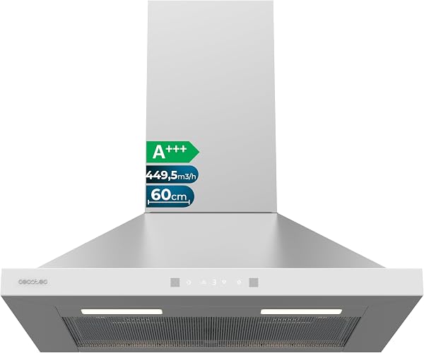 Cecotec Campana Extractora Piramidal 60 cm Bolero Flux PT 604400 Inox A+++. Cristal Frontal en Blanco, Succión 449,5 m³/h, Control Táctil Invisible, Función Booster, Filtros Lavables, Clase A+++ - 1