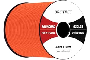 Brotree Paracord 4mm 50M 9 Strands 100% Nylon Rope Type 3 Parachute Cord for Outdoor, Bracelet, DIY - 280kg Breaking Load (Orange)