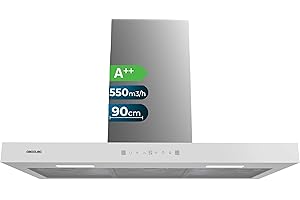 Cecotec Campana Extractora 90 cm Tipo T Bolero Flux TT 905500 Glass White A++. 70W, Frontal Cristal Blanco, Bajo Consumo, Succión 550m3/h, Control Táctil, 3 Niveles, Booster, Luz LED, Filtro Carbono