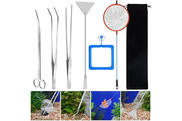 Kit complet d'aquascaping 6PCS, Outils d'aquarium en acier inoxydable, Ciseaux, Pinces, Spatule avec sac de rangement noir, Accessoires d'aquascaping pour l'entretien de l'aquarium