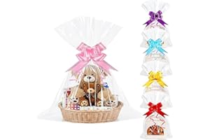 XWCHASA Lot de 20 Grands Sacs Cadeaux en Cellophane Transparent - 50 x 60 cm - Film Panier Cadeau Transparent avec 20 Nœuds à Tirer pour Paniers, Fleurs, Mariage