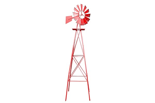 Wiltec Éolienne de Jardin Design US – 670 x 670 x 2450 mm – Couleur Rouge – Moulin avec Roulement à Bille – Girouette Roue Texas décorative déco