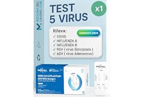 MEDICINADELLAVORO.COM 1 x Test Combo 5in1, Tamponi Rapidi combo Covid 19 + influenza A - B + RSV Virus respiratorio sinciziale + ADV Adenovirus, Kit Rapido Tampone per l'Antigene SARS-COV-2 Varianti 2025,1 pz