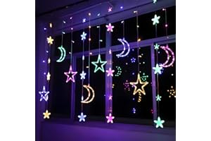 Deyaah 3.5m Star Moon Curtain String Light, LED Christmas Fairy Lights, Waterproof Hanging Window Star Moon Night Light for Ramadan, Christmas, Wedding, Party, Home, Terrace, Lawn (Multicolor)