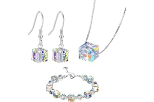 YSDYY 3 Pieces Crystal Jewelry Set, Colorful Bracelets, Necklaces, Earrings, Square Crystal Bracelets, Exquisite and Versatile Accessories, Suitable Jewelry Gifts for Women, 8mm, Silver