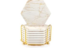 LA DESIRE Marmurowe podstawki pod napoje chłonne z korkową podstawą, 8 szt. podstawek pod napoje na drewniany stół z metalowym uchwytem, zestaw złotych ceramicznych podstawek pod kubki, rustykalna dekoracja