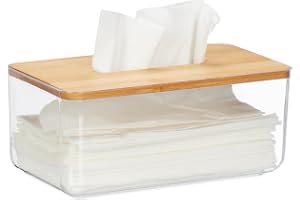 Relaxdays Dukbox, plast och bambu, förvaringslåda för kosmetikadukar, fyrkantig duklåda, H x B x D 10 x 23,5 x 13 cm, transpa