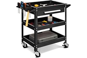 ‎COSTWAY COSTWAY Werkzeugwagen mit Schublade, 150 kg belastbar, Werkstattwagen 3 Etagen, Rollwagen mit seitlicher Werkzeugbank zum Aufhängen, Montagewagen Metall, Handwagen Werkstatt, 80x41x79,5cm (Schwarz)