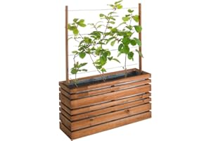 bac à fleurs rectangle avec treillis LIGN Z en bois teinté brun Jardipolys | 100 x 30 x 130 cm | pot de fleurs rectangulaire pour plantes grimpantes | jardinière extérieure en bois et acier |pot à plantes en bois pour jardin, balcon, terrasse | décoration extérieure