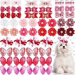 50 PCS Dog Bows Dog Hair Bows with Rubber Bands Puppy Bows Butterfly Dog Topknot Bows Flower Doggies Cats Hair Bows with Artificial Rhinestone Pearls Curved Dog Bows Girl Dog Pet Grooming Accessories