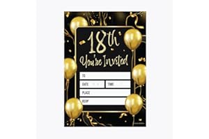 Kirsten McMillan 32 Black Gold Balloons Party Invites - Age 18 Party Invitations Adult - A6 Birthday Party Invitations with Envelopes – Designed and Printed in the UK