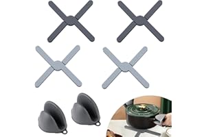 EXLECO 4 silikonowe podkładki pod garnki, odporne na wysokie temperatury, składane, z rękawicami kuchennymi, uchwytami do garnków, gorących garnków, czarnych + szarych