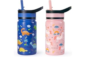 Toddler Water Bottle, BUZIO Insulated Water Bottle for Kids Insulated Modern Vacuum with 2 Straw Lids 400ml Double Walled Wide Mouth Sports Drink Flask Thermo Canteen Mug Cup