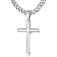 Roheafer 925 Sterling Silver Cross Pendant Necklace for Men Women with 5mm Stainless Steel Diamond-Cut Figaro Chain/Cuban Chain Cross Necklace 18K White Gold Plated Crucifix Necklace 18-30 Inches