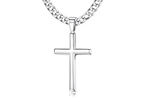 Roheafer 925 Sterling Silver Cross Pendant Necklace for Men Women with 5mm Stainless Steel Diamond-Cut Figaro Chain/Cuban Chain Cross Necklace 18K White Gold Plated Crucifix Necklace 18-30 Inches