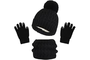 TMEOG Kids Hat Scarf Gloves Set 3 in 1 Knitted Outdoor Sports Winter Accessories Thermal Toddler Gloves Snood Bobble Hat for Girls Boys