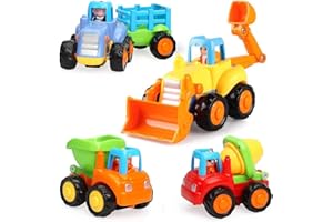HOLA Toys for 1 Year Old Boys Gifts, 4 Pack Friction Power Kids Digger Trucks Toy Cars for 1+ 2 Year Olds, Early Education Construction Vehicles Toddler Baby Kids Toys for 3 Year Old Boys