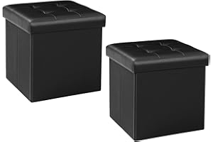 Bonlife Paquete de 2 cajas otomanas plegables de almacenamiento, reposapiés de piel sintética con tapa, caja de almacenamiento para juguetes, cubo de 32 cm